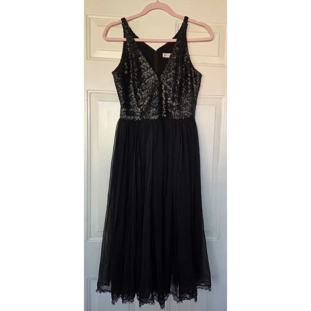 Dress The Population Black Sequin V-Neck Chiffon Midi Dress Womens Medium